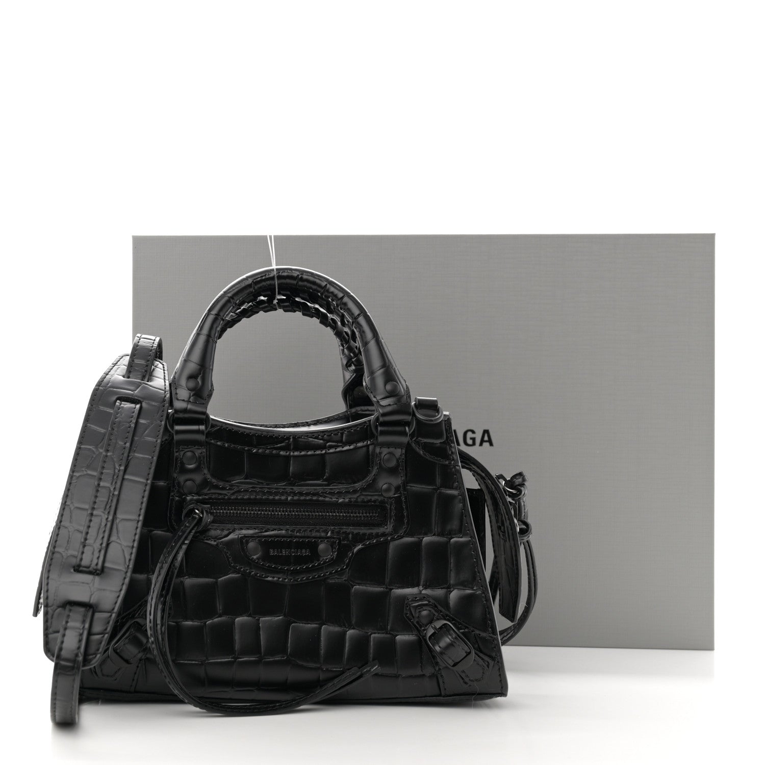 Balenciaga Semi Shiny Calfskin Crocodile Embossed Neo Classic Black Hardware Mini City Black 10 of 10