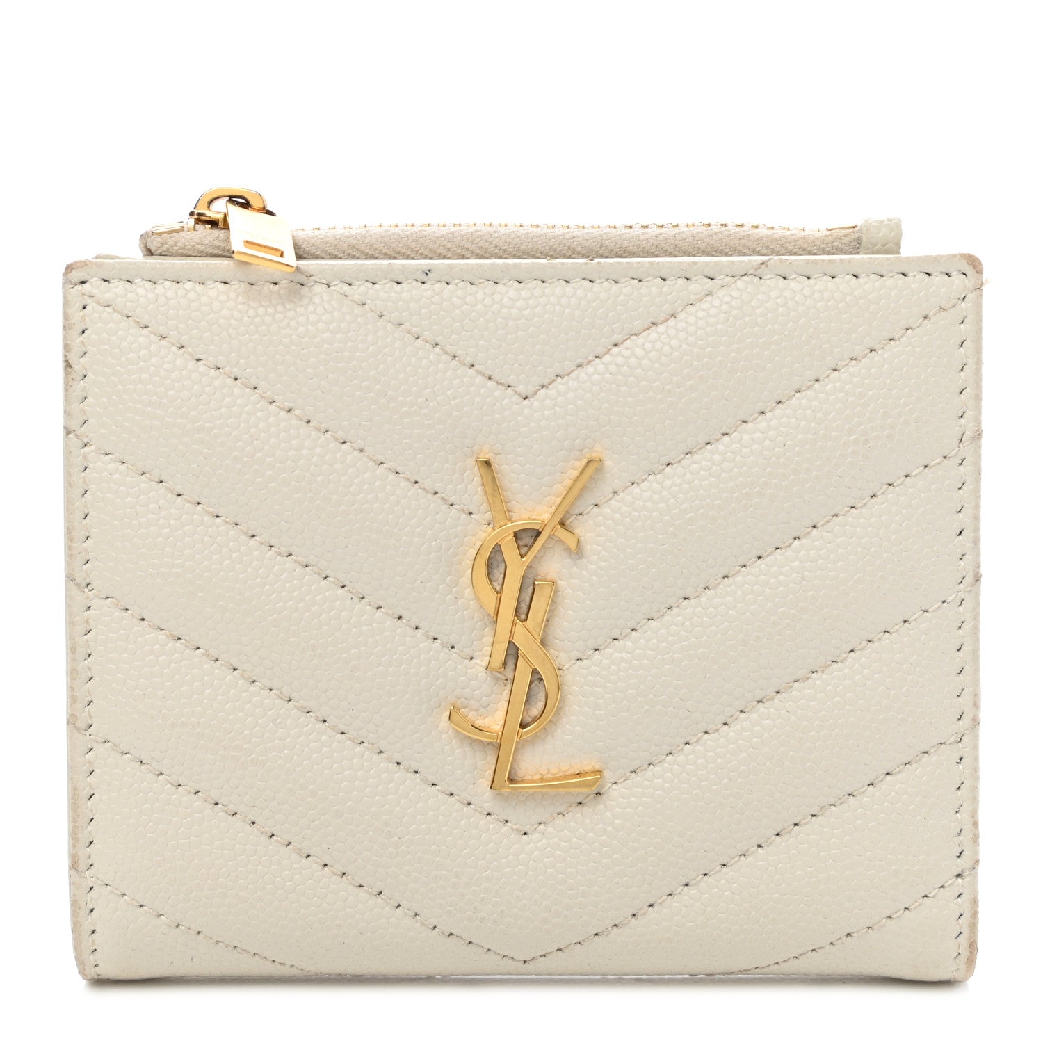 Saint Laurent Grain De Poudre Matelasse Chevron Monogram Zipped Card Case Crema Soft 1 of 9