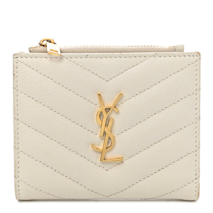 Saint Laurent Grain De Poudre Matelasse Chevron Monogram Zipped Card Case Crema Soft 1 of 9