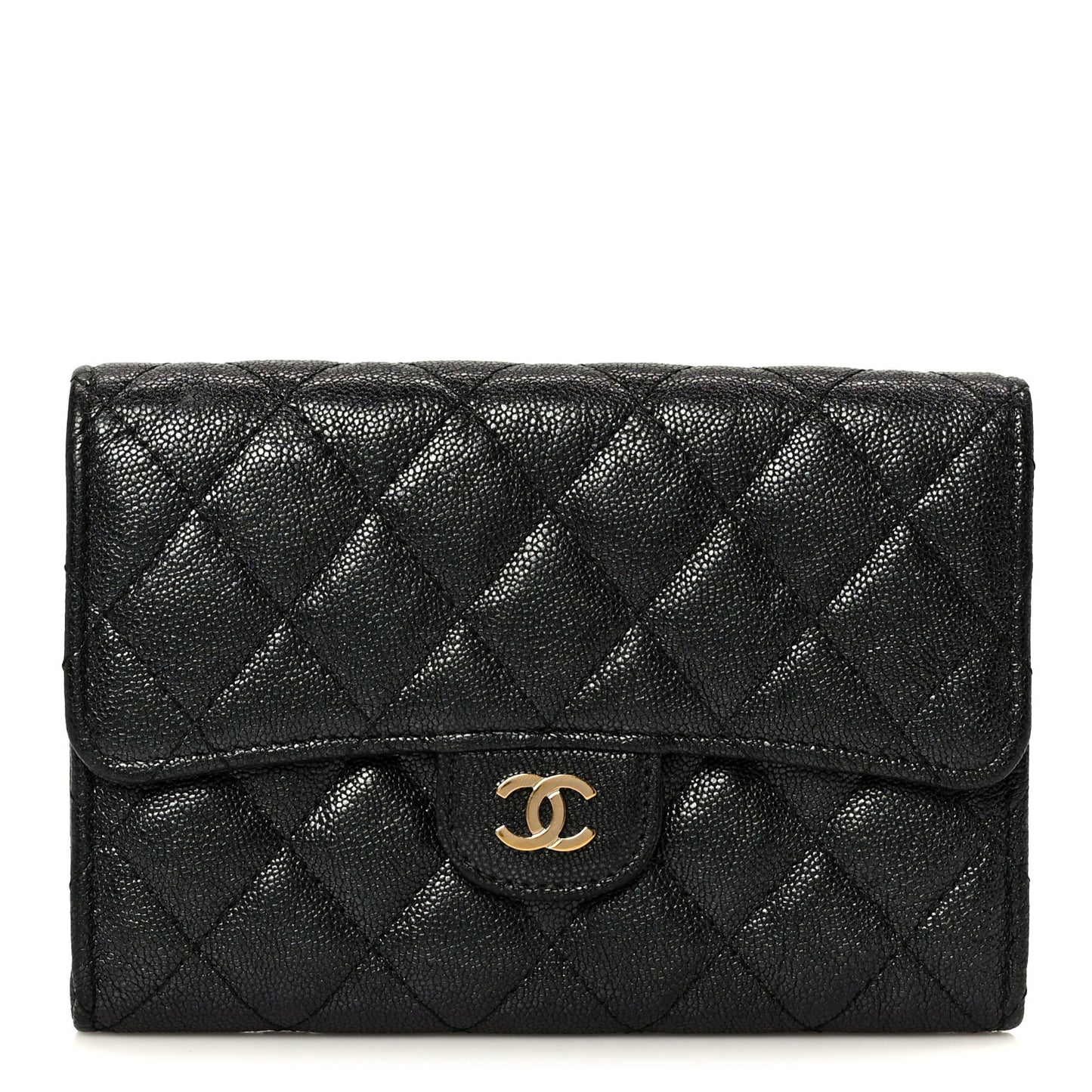 Iridescent Caviar Quilted Medium Flap Wallet Black