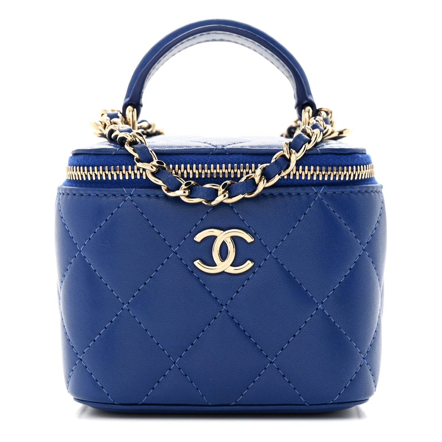 Lambskin Quilted Top Handle Mini Vanity Case With Chain Blue