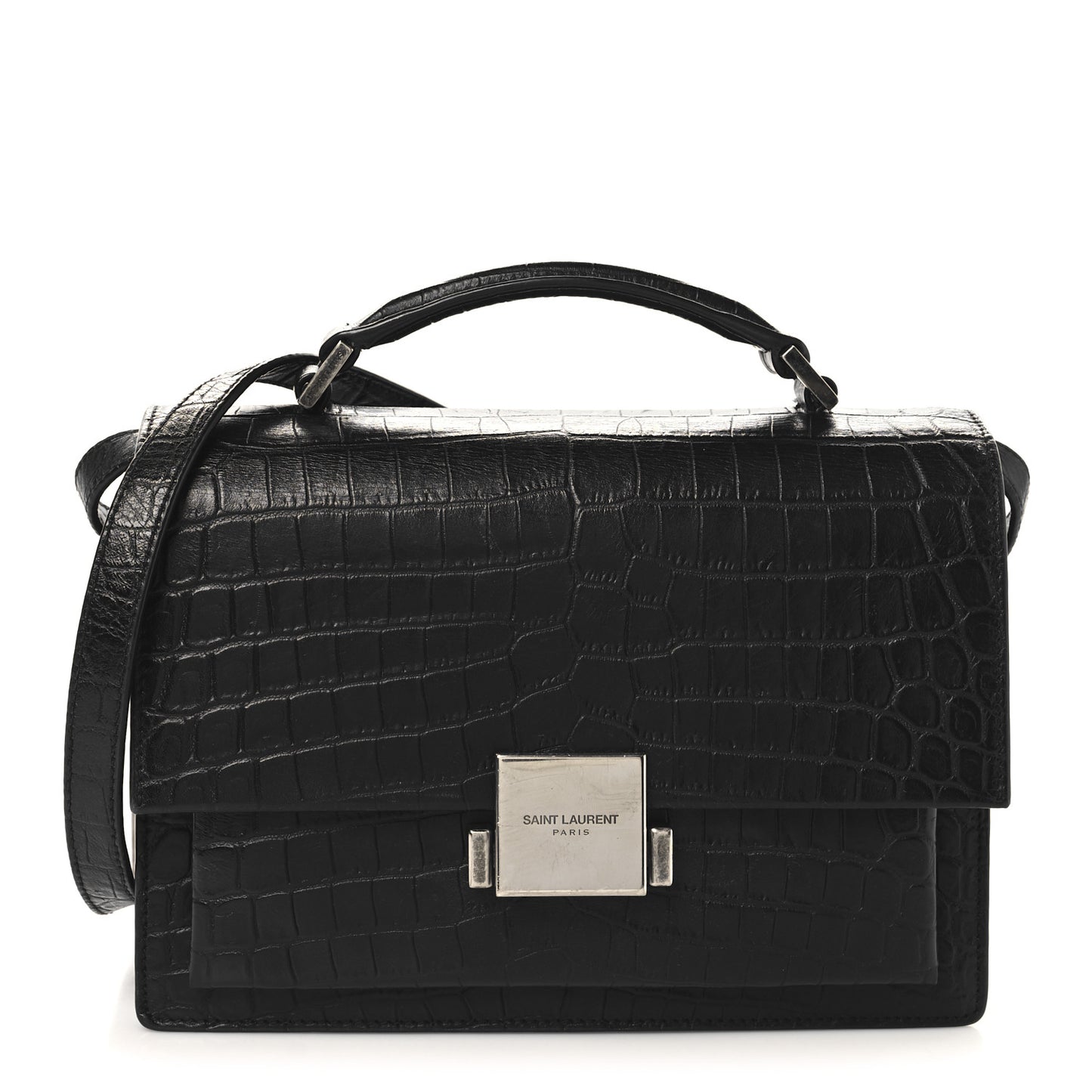 Calfskin Crocodile Embossed Medium Bellechasse Satchel Matte Black