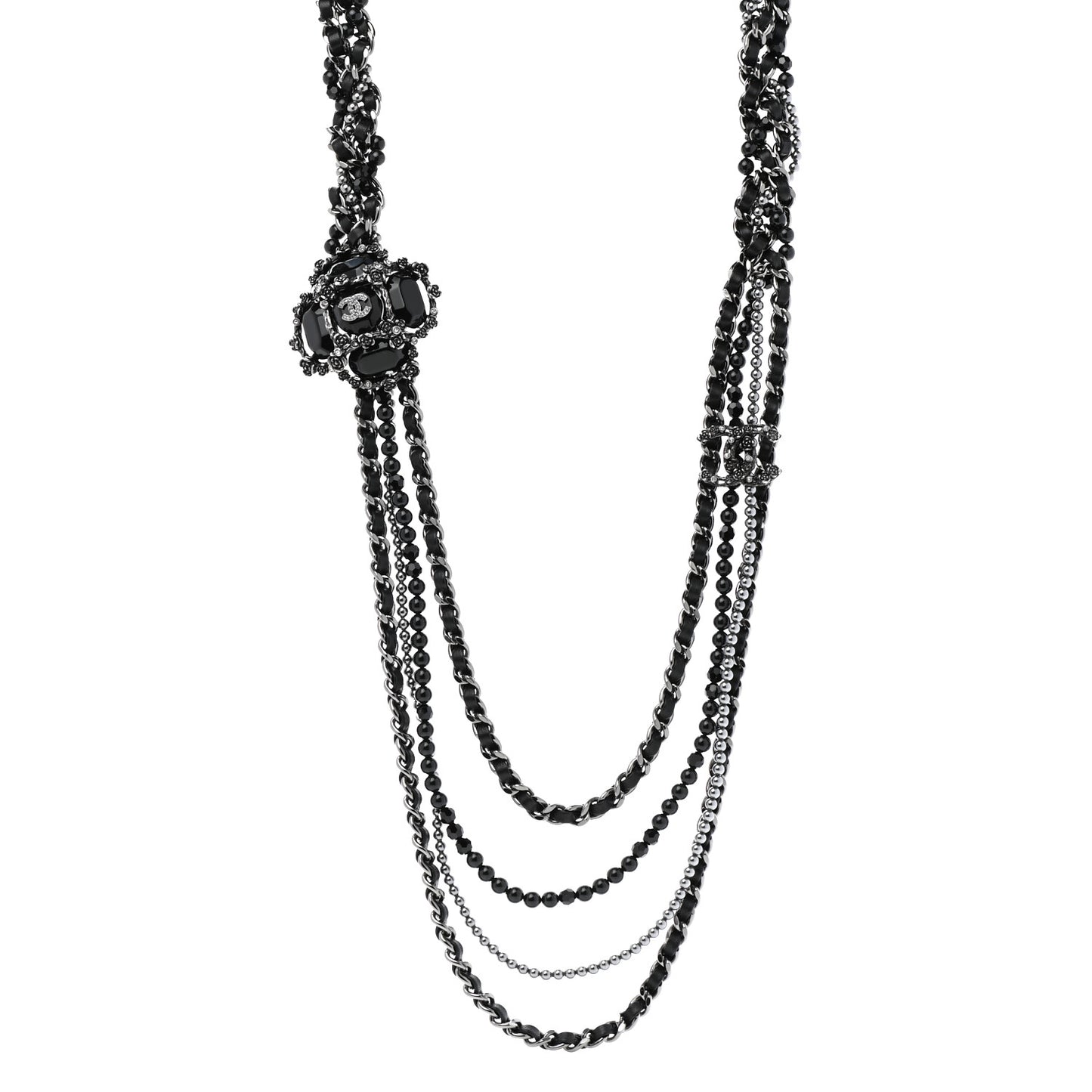 Strass Glass Pearl Lambskin Long Beaded CC Necklace Ruthenium Black Grey