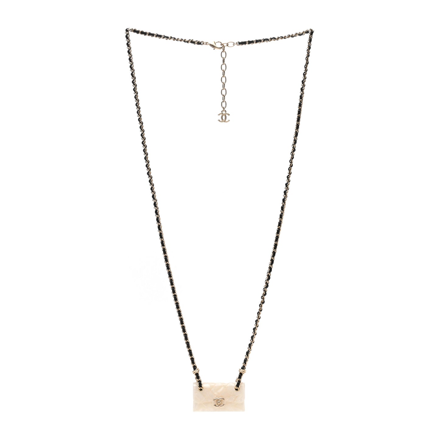 Metal Resin Calfskin Quilted CC Turnlock Chain Bag Necklace Gold White