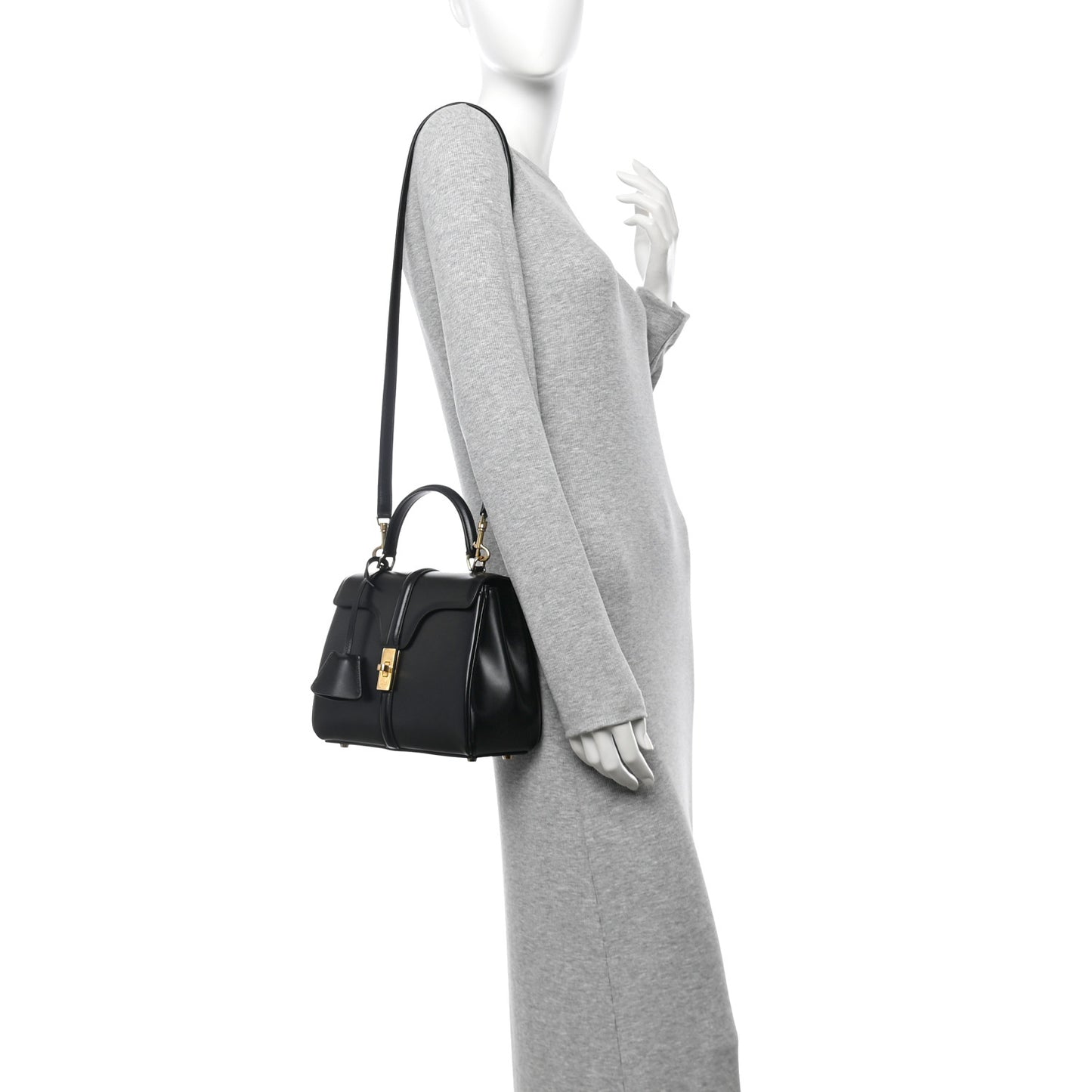 Satinated Calfskin Small 16 Top Handle Bag Black