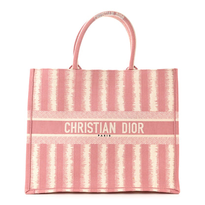 Christian Dior Canvas Embroidered Large Striped Book Tote Pink 1 of 12