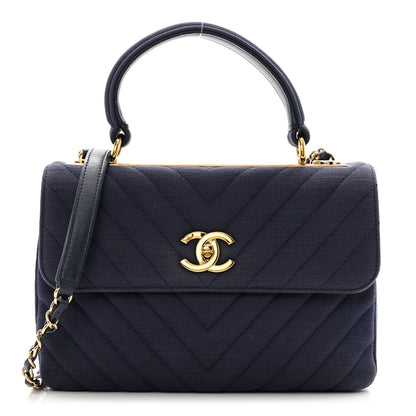 Chanel Jersey Chevron Quilted Small Trendy CC Dual Handle Flap Bag Navy Blue 1 of 16