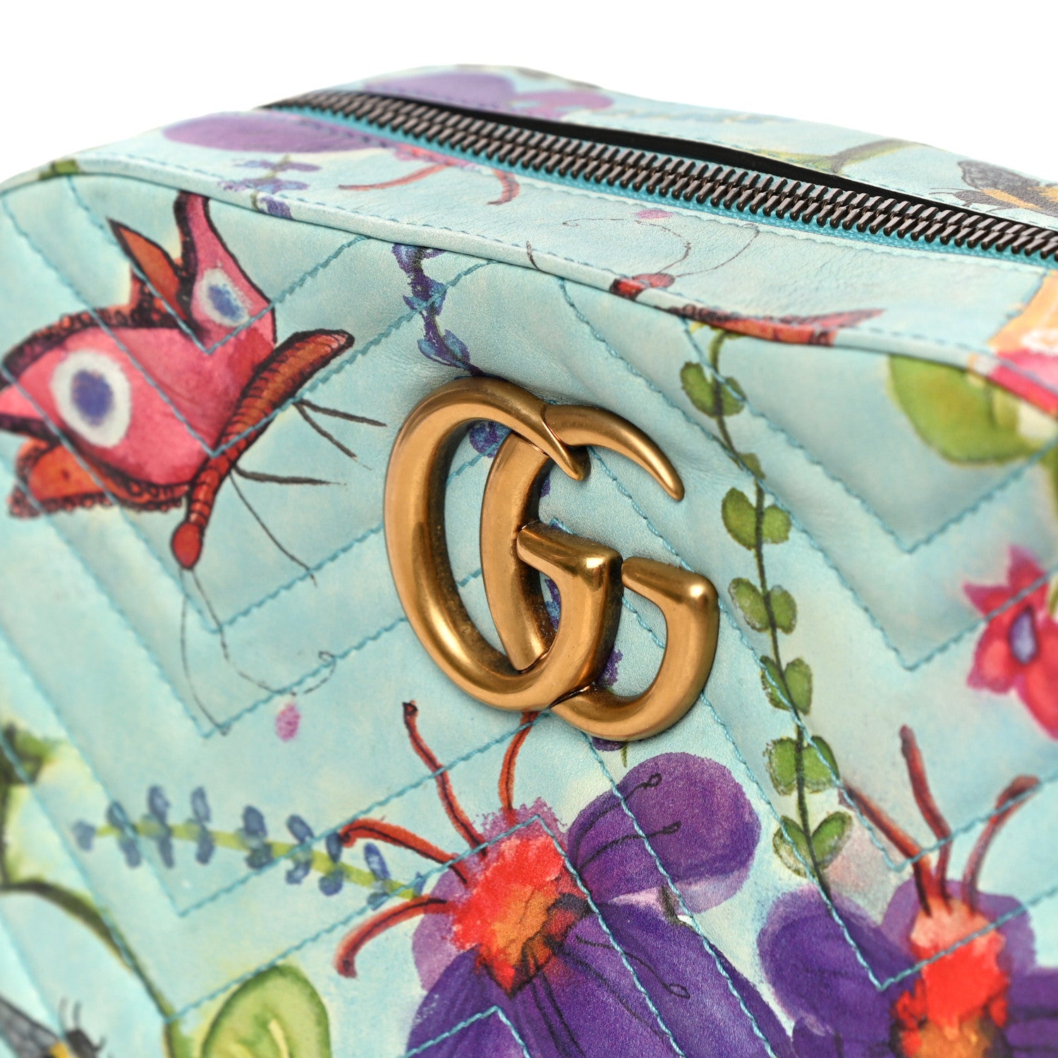 Gucci X UNSKILLED WORKER Calfskin Matelasse Flora Painted Small GG Marmont Chain Shoulder Bag Cloudy Blue Multicolor 13 of 14