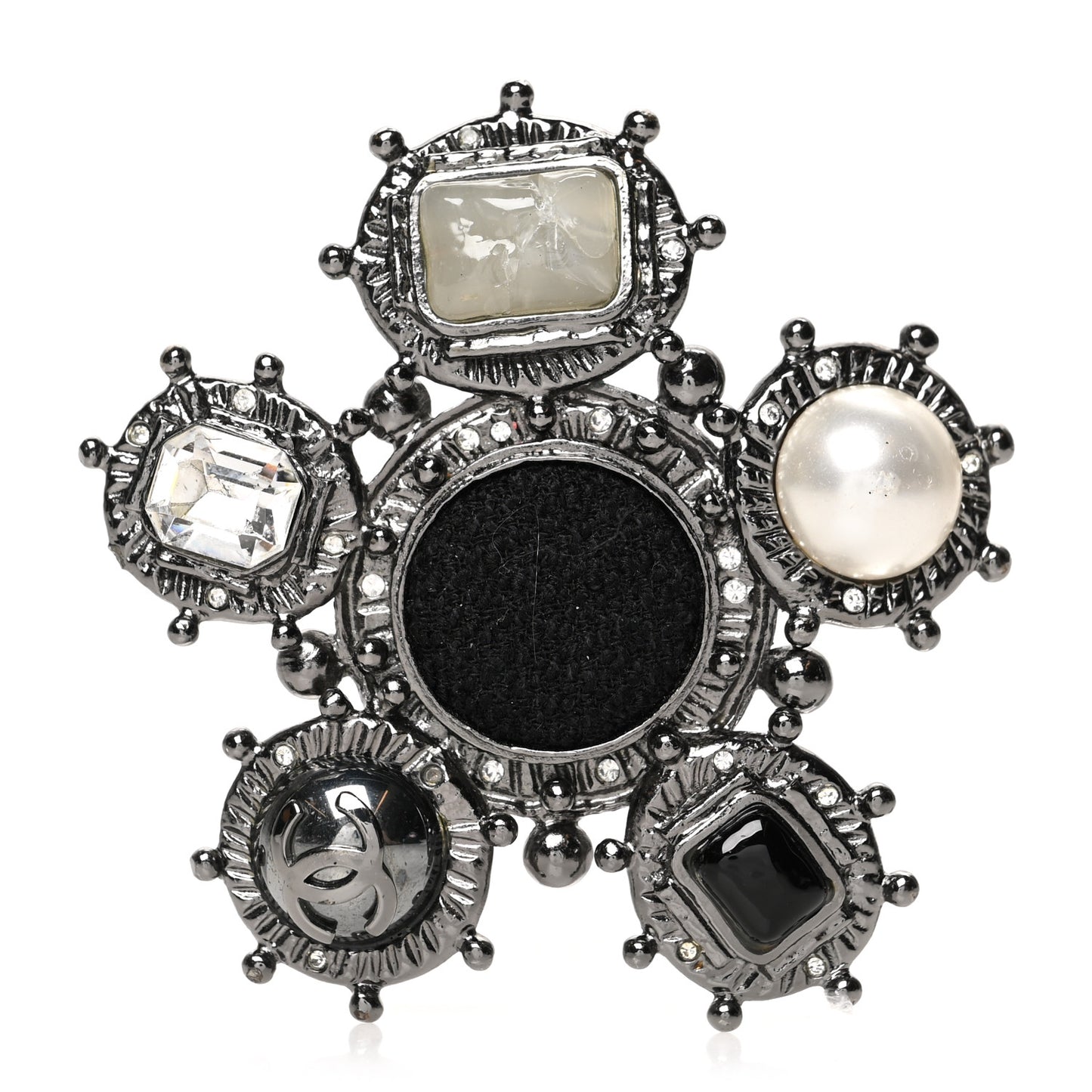 Crystal Pearl Gripoix Poured Glass CC Brooch Silver Black