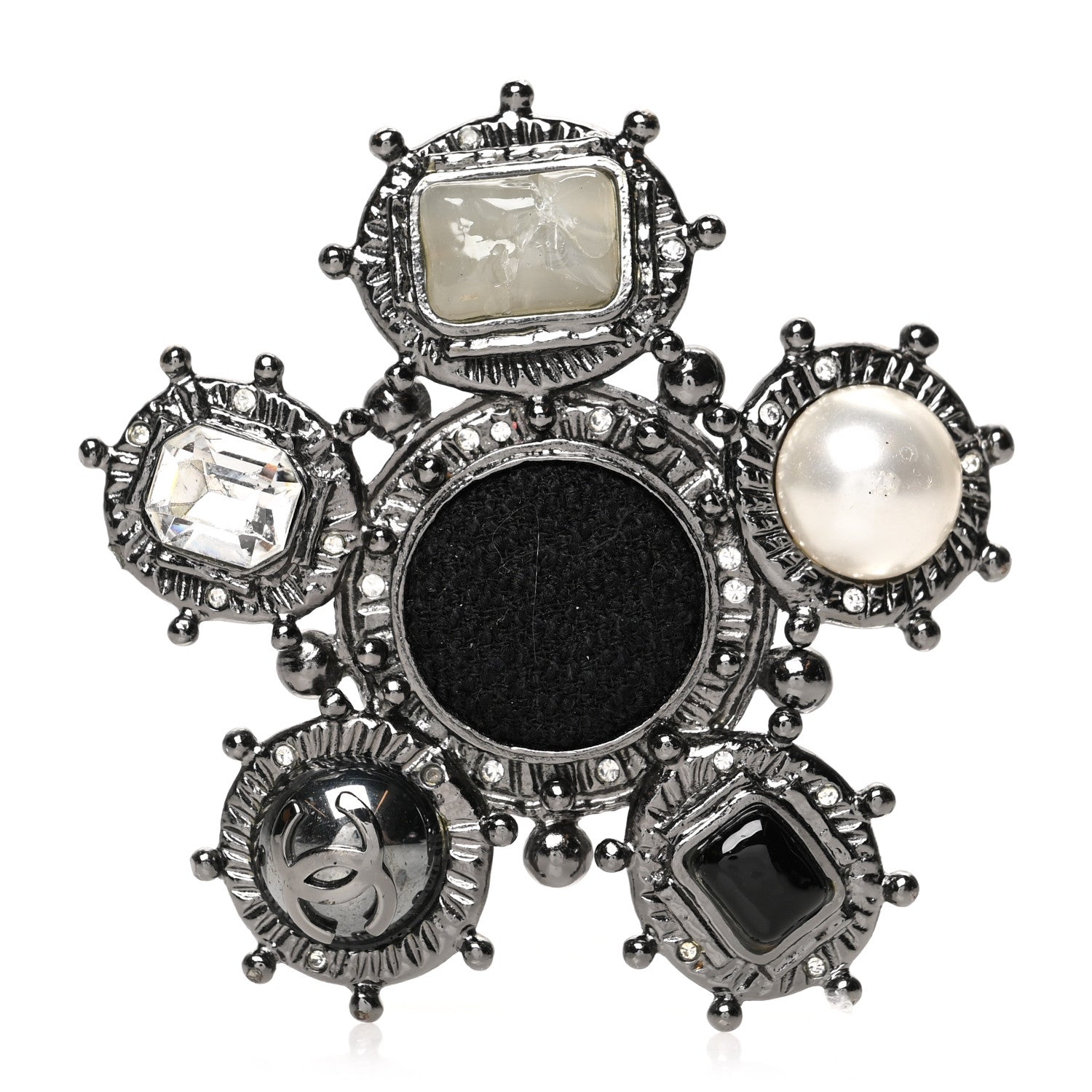 Chanel Crystal Pearl Gripoix Poured Glass CC Brooch Silver Black 1 of 4