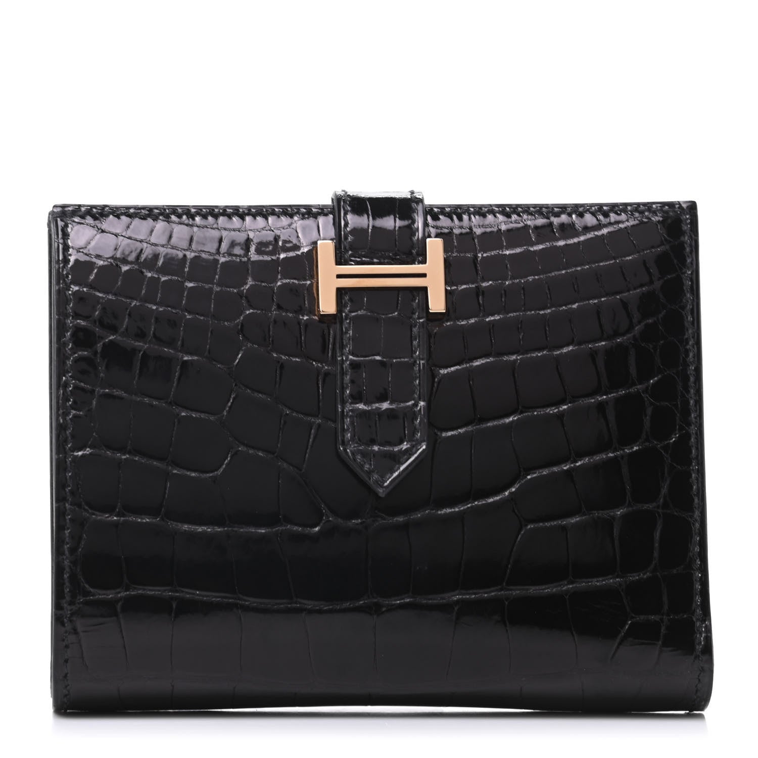 Hermes Shiny Alligator Bearn Compact Wallet Black 1 of 9