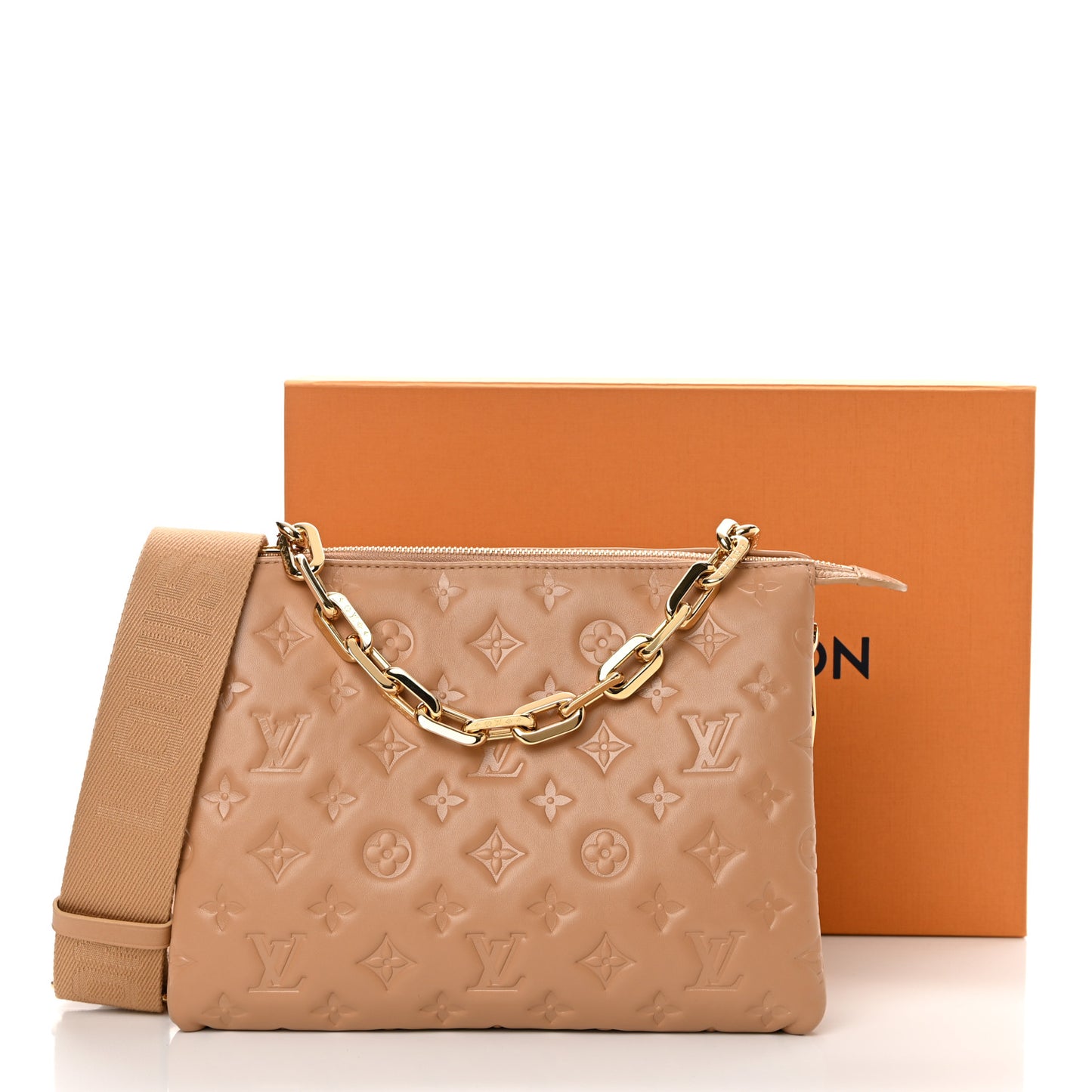 Lambskin Embossed Monogram Coussin PM Camel