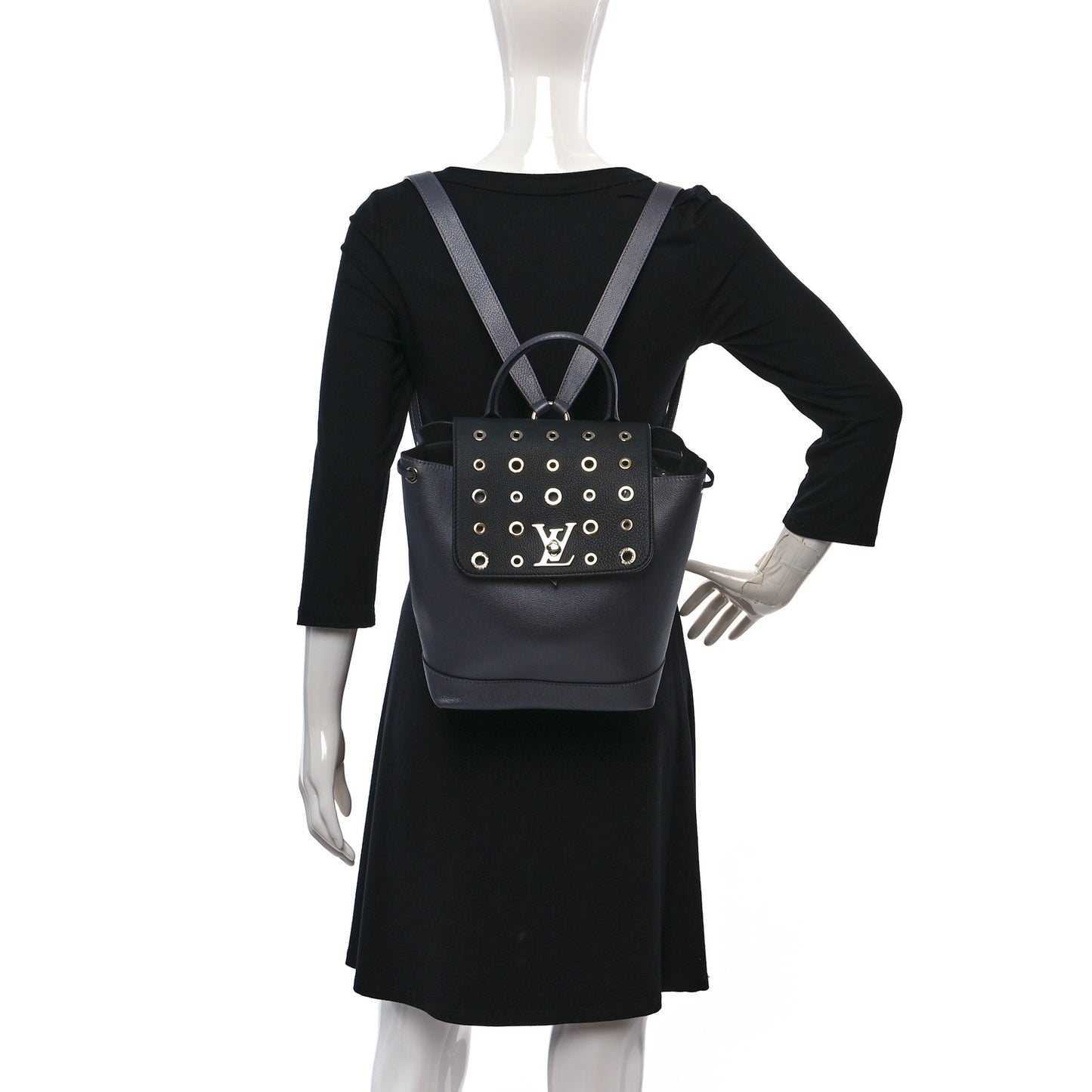 Metallic Calfskin Eyelet Lockme Backpack Black