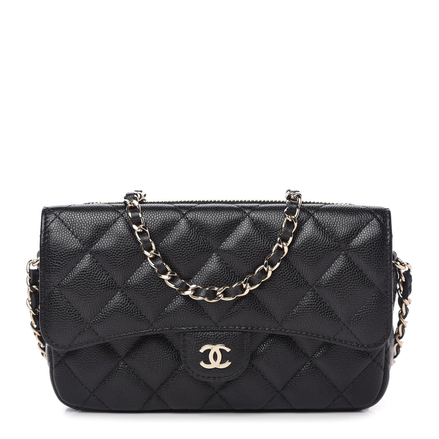 Caviar Quilted Flap Phone Holder With Chain Black