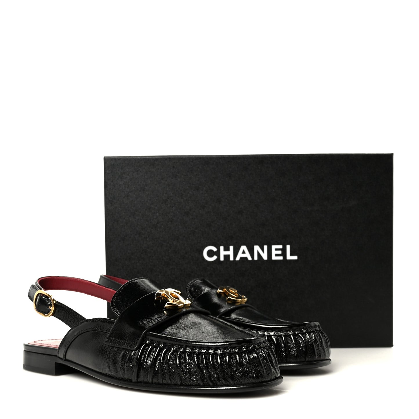 Crumpled Shiny Lambskin CC Slingback Mocassin 38.5 Black