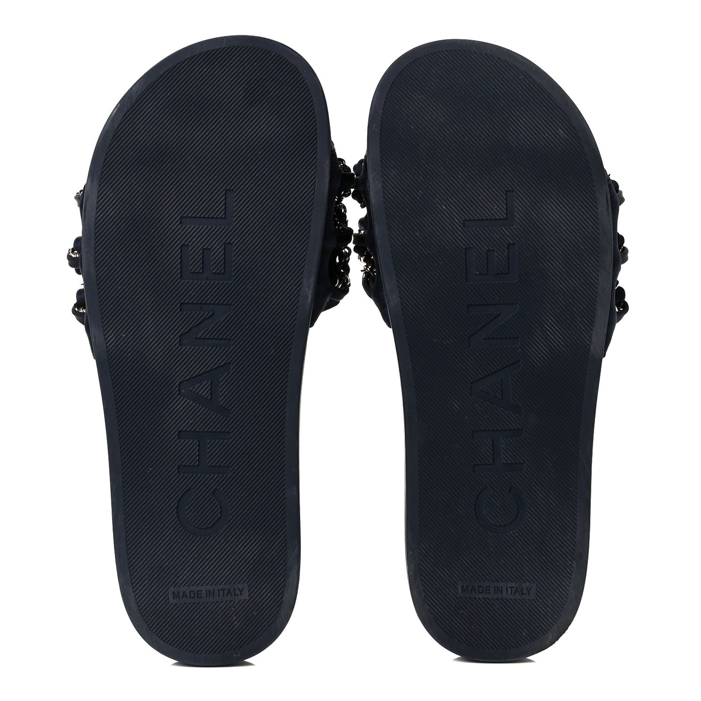 Satin Canvas Chain Slides Sandals Flats 36 Marine