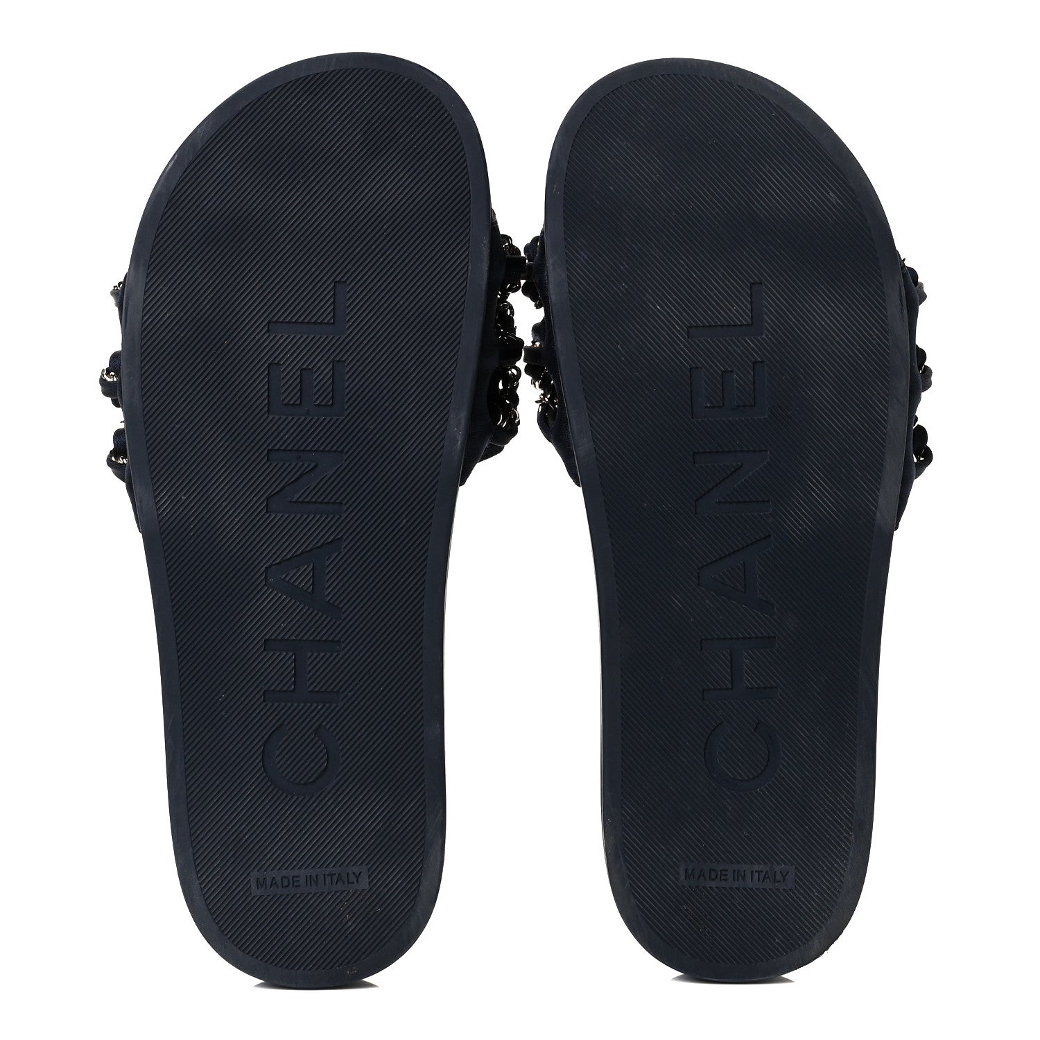 Chanel Satin Canvas Chain Slides Sandals Flats 36 Marine 5 of 9