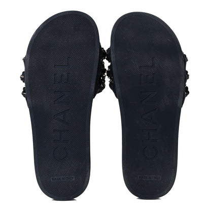 Chanel Satin Canvas Chain Slides Sandals Flats 36 Marine 5 of 9