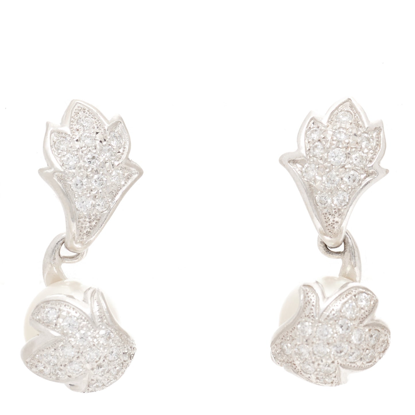 Platinum Diamond Akoya Pearl 7.5-8mm Leaf Drop Earrings