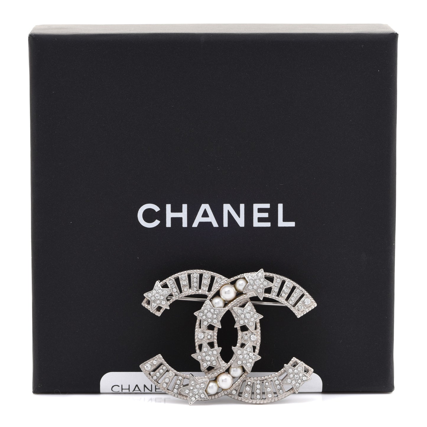 Crystal Pearl CC Star Coco Flapper Brooch Silver