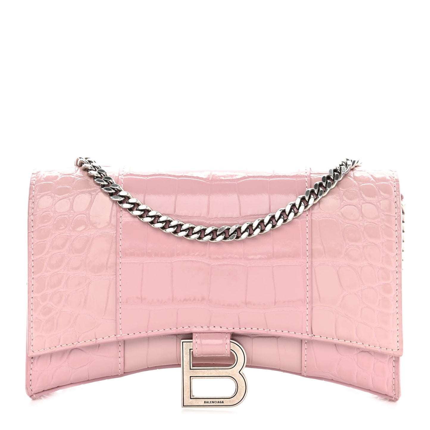 Shiny Calfskin Crocodile Embossed Hourglass Chain Bag Powder Pink