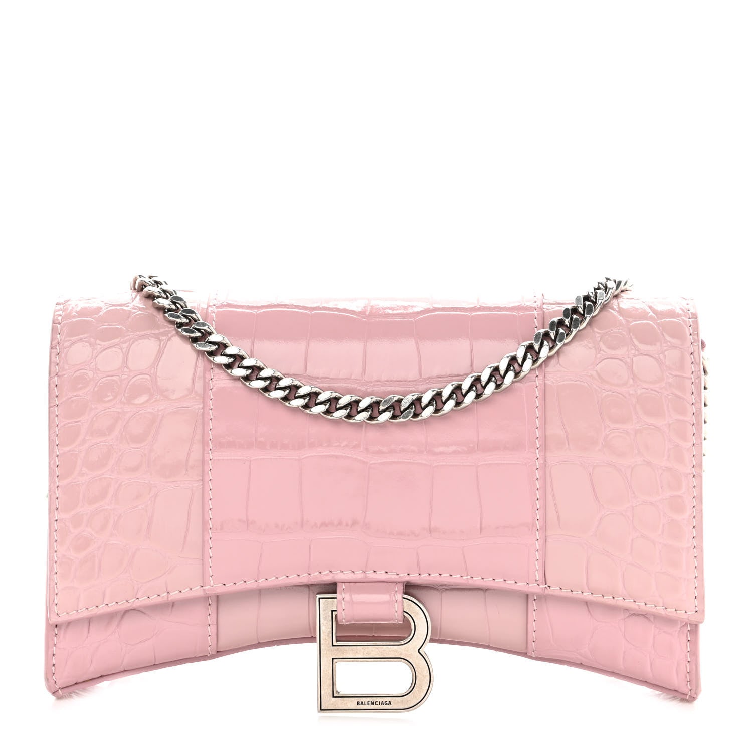 Balenciaga Shiny Calfskin Crocodile Embossed Hourglass Chain Bag Powder Pink 1 of 9