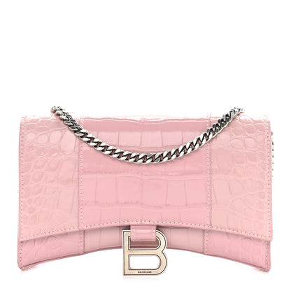 Balenciaga Shiny Calfskin Crocodile Embossed Hourglass Chain Bag Powder Pink 1 of 9