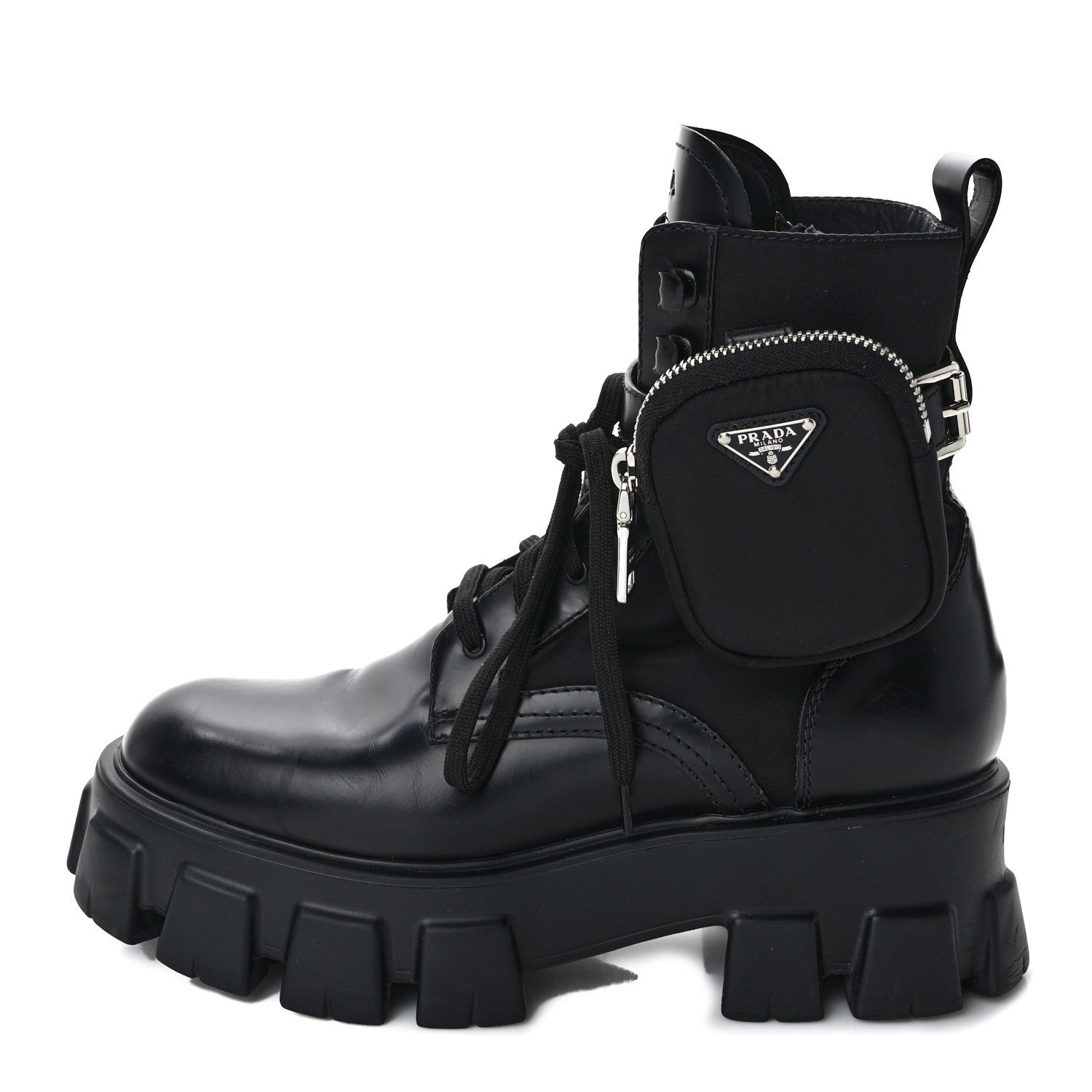 Prada Spazzolato Rois Nylon Metal Triangle Logo Monolith Pouch Pocket 55mm Boots 40 Black 1 of 9