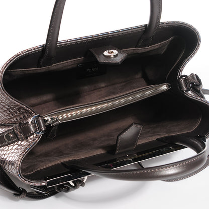 Fendi Metallic Calfskin Crocodile Embroidered Petite 2Jours Tote Silver Mirror 5 of 7