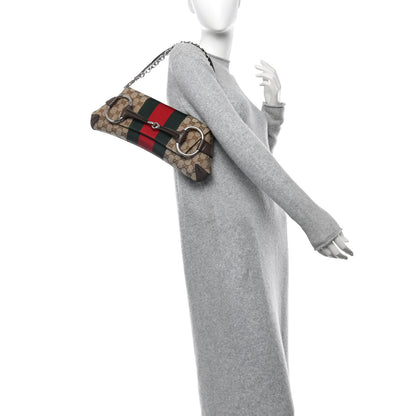 Gucci Monogram Textured Dollar Calfskin Heavy Grosgrain Web Medium Maxi Horsebit Chain Shoulder Bag Beige Ebony New Acero 2 of 9