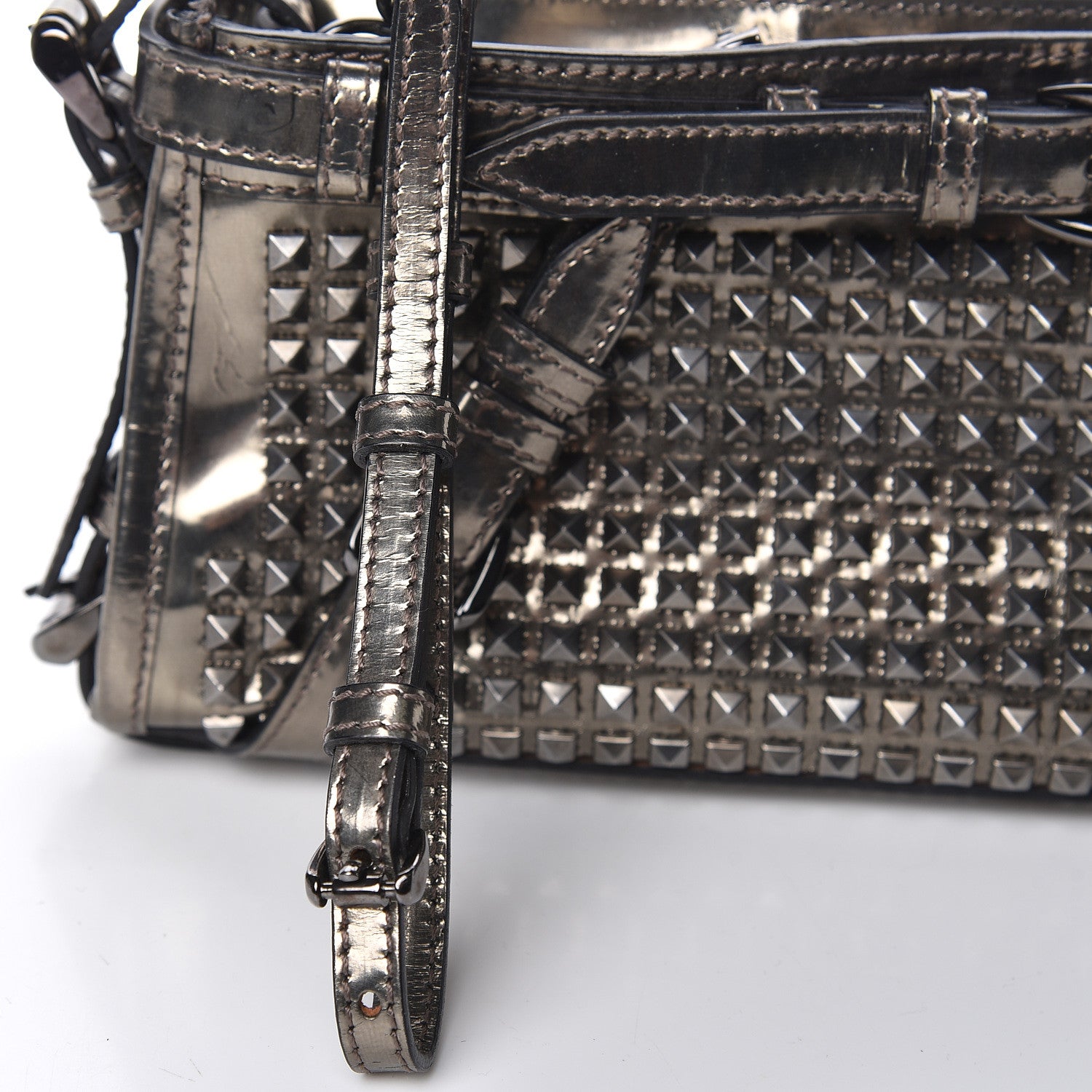 Burberry Metallic Patent Studded Wristlet Clutch Pewter 16 of 16
