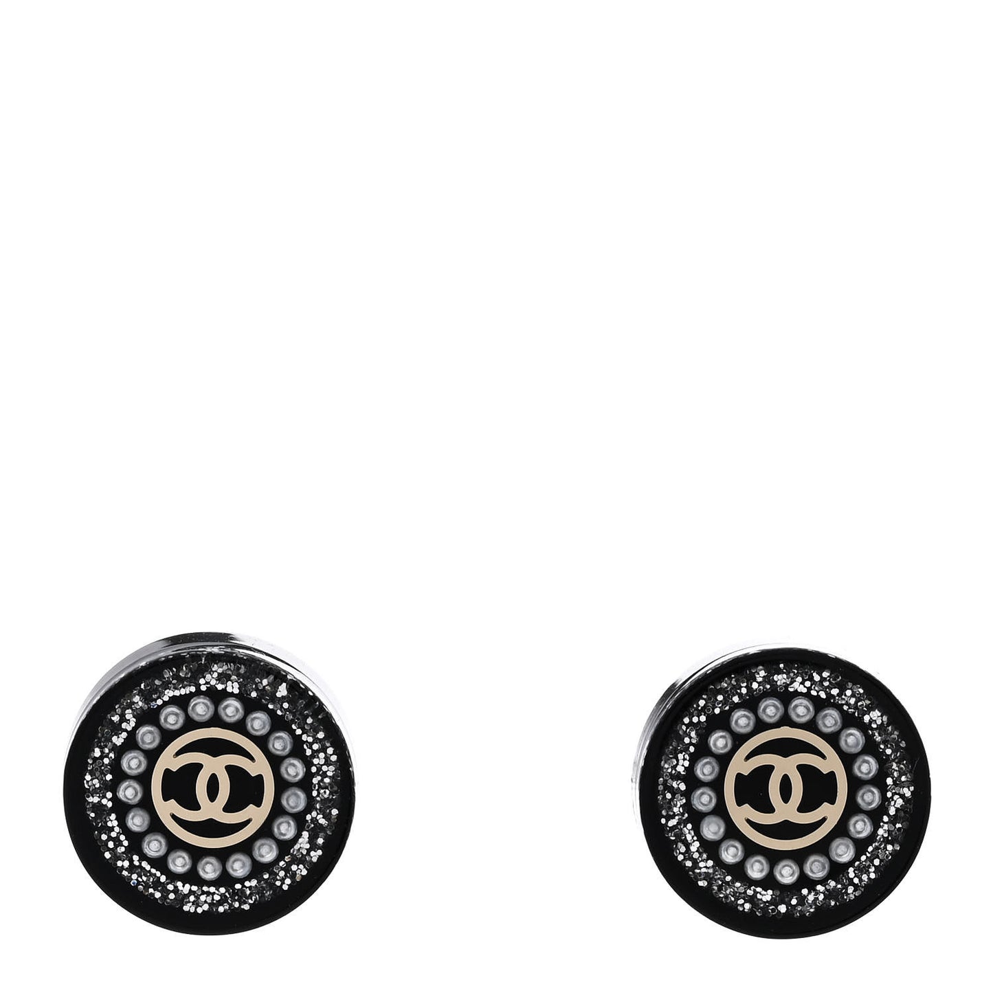 Crystal Pearl CC Round Earrings Black Silver