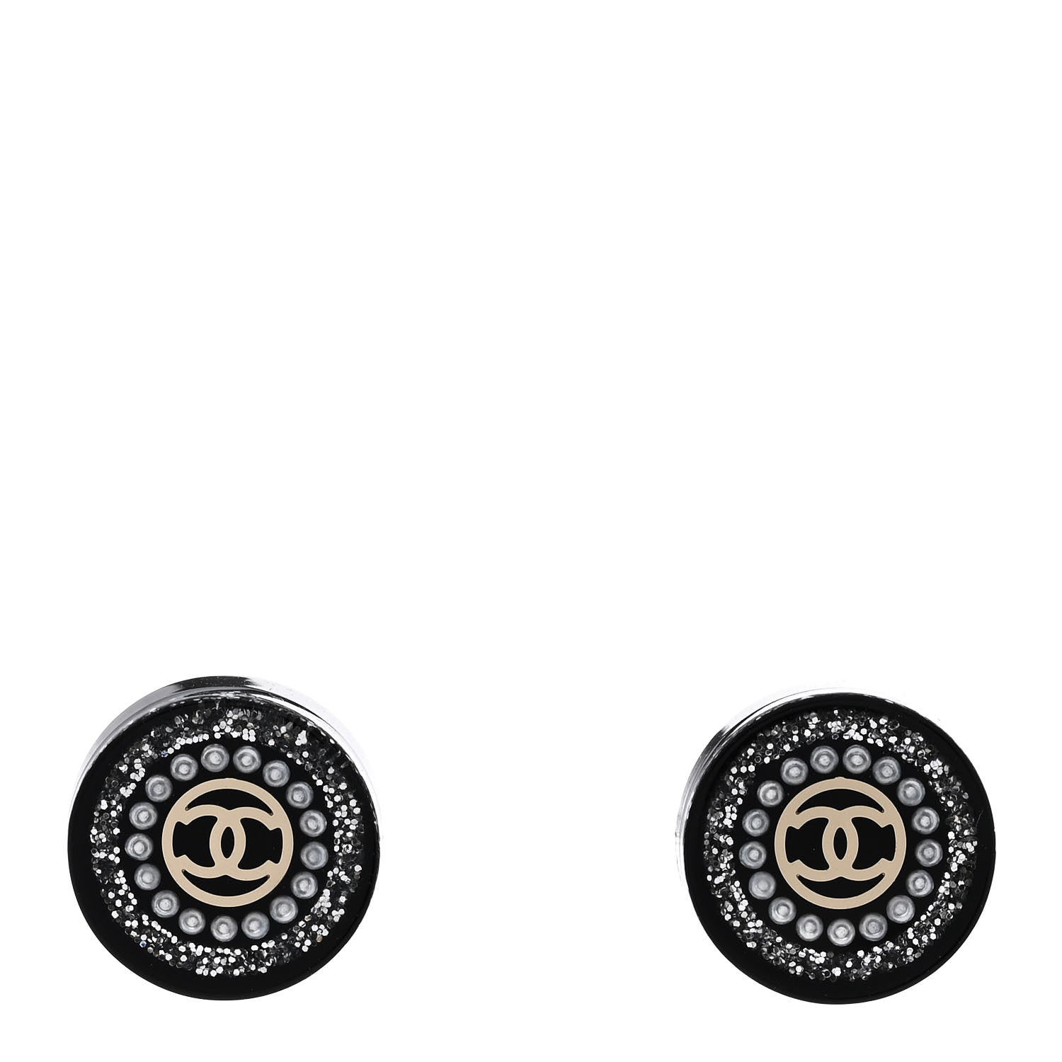 Chanel Crystal Pearl CC Round Earrings Black Silver 1 of 4