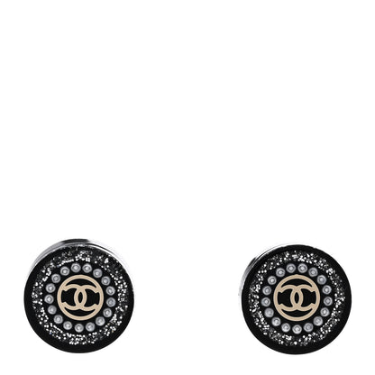 Chanel Crystal Pearl CC Round Earrings Black Silver 1 of 4