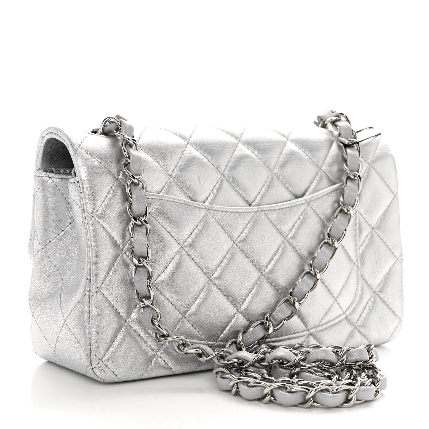 Metallic Lambskin Quilted Mini Rectangular Flap Silver