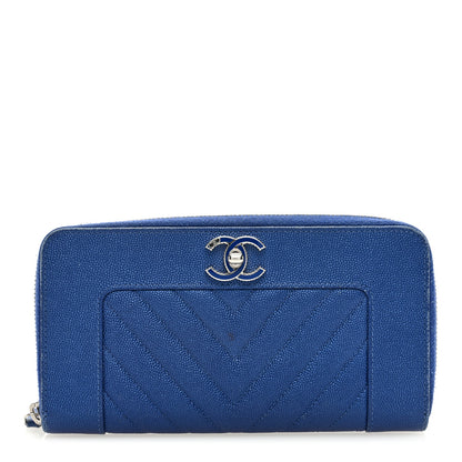 Chanel Caviar Chevron Quilted Mademoiselle Vintage Zip Around Wallet Blue 1 of 10