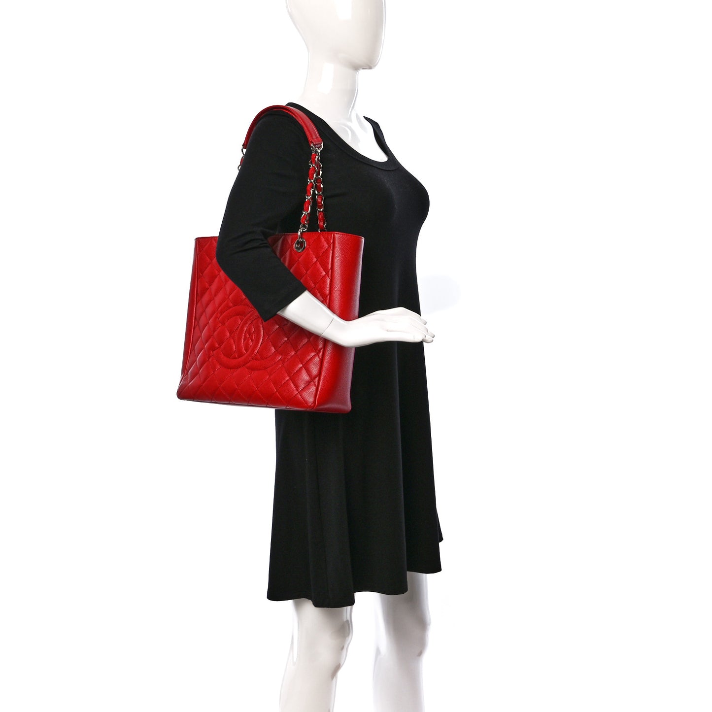 Caviar Quilted Vertical Grand Shopping Tote GST Red