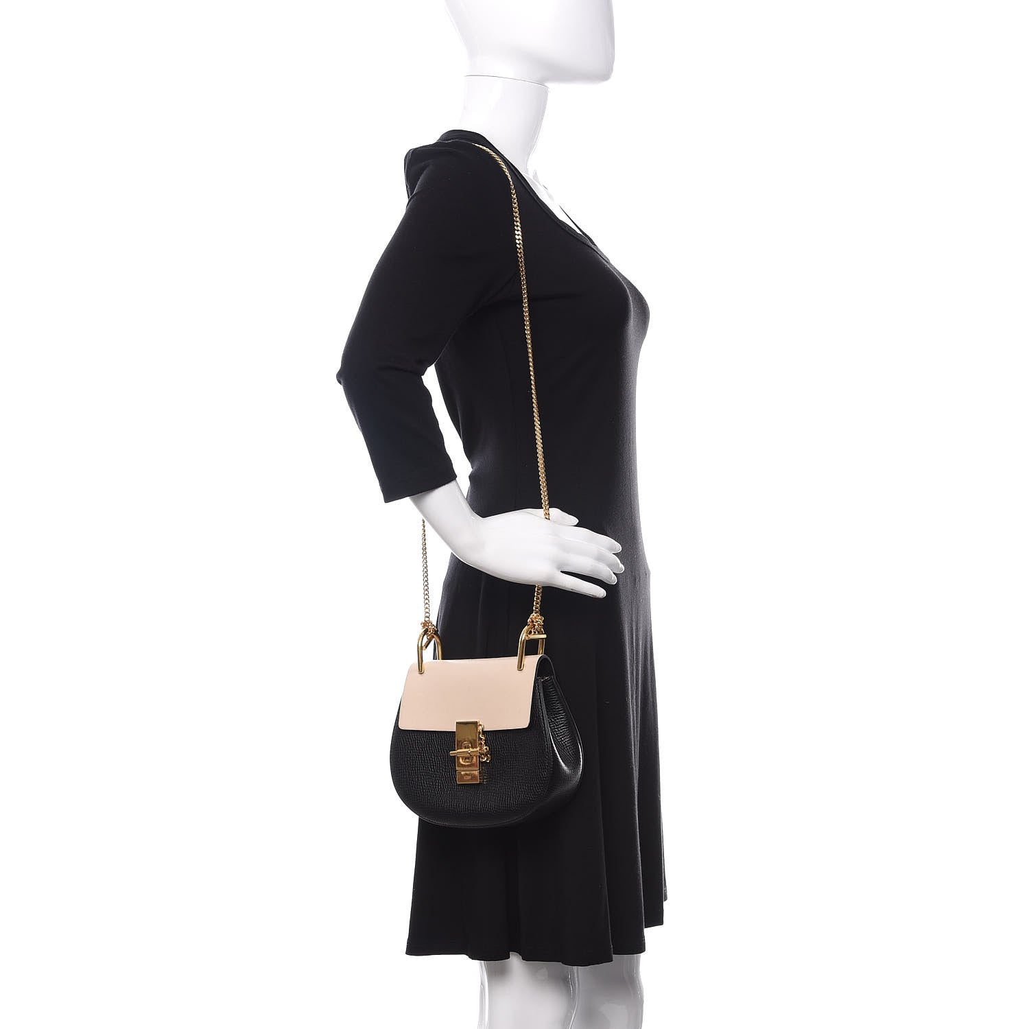 Chloe Grained Calfskin Lambskin Mini Bi-Color Drew Shoulder Bag Black Powder Beige 2 of 12