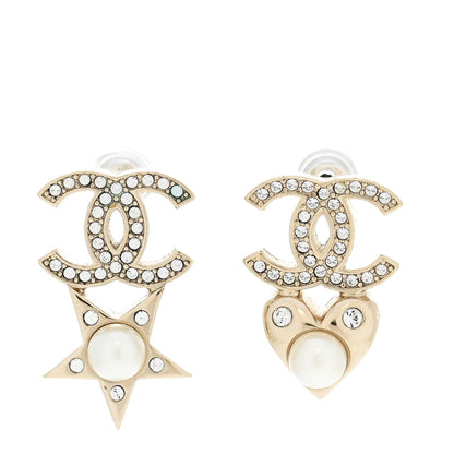 Chanel Crystal Pearl Charming Winter CC Star Heart Earrings Gold 1 of 7