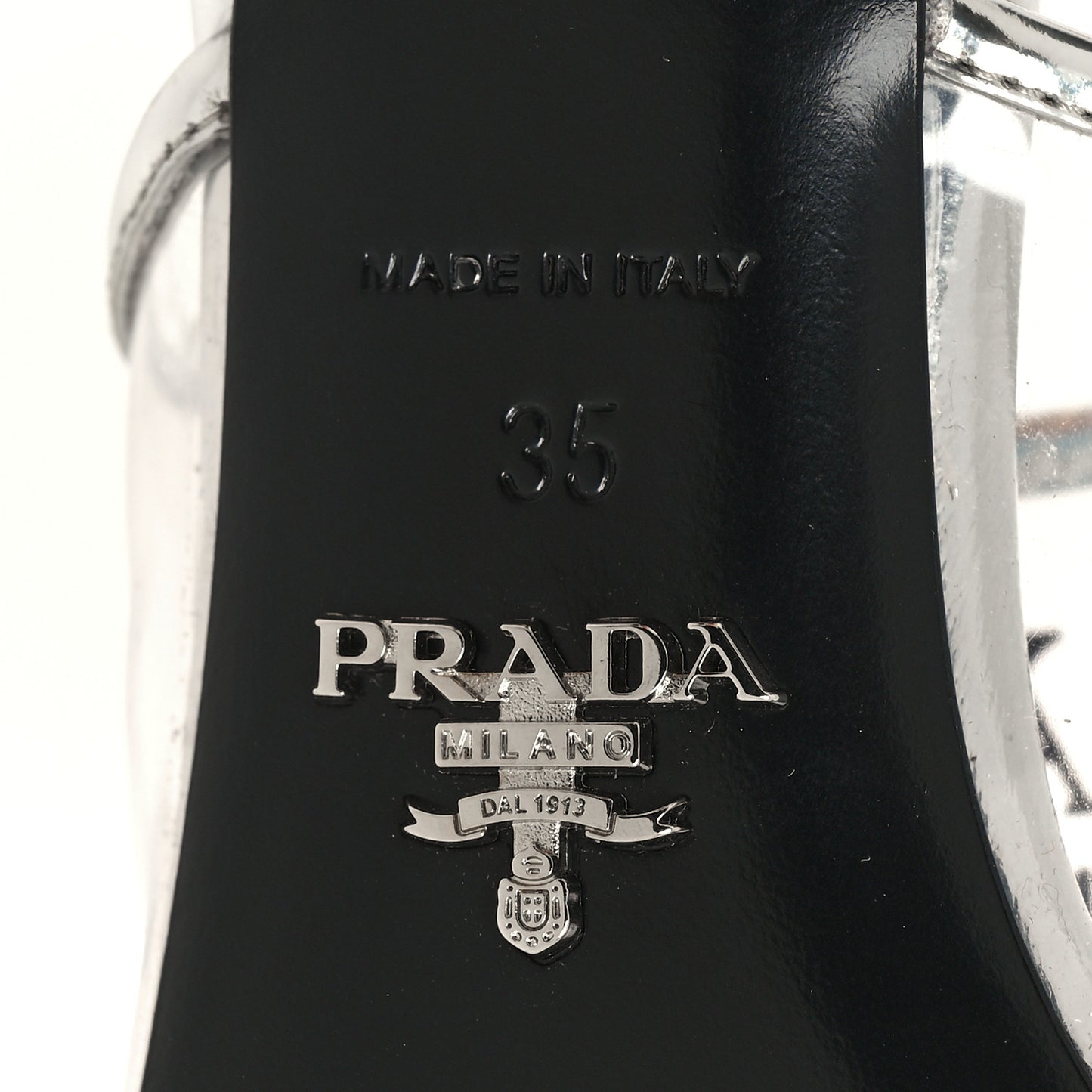 Plexiglass Metallic Calfskin Metal Triangle Logo 75mm Slide Sandals 35 Argento