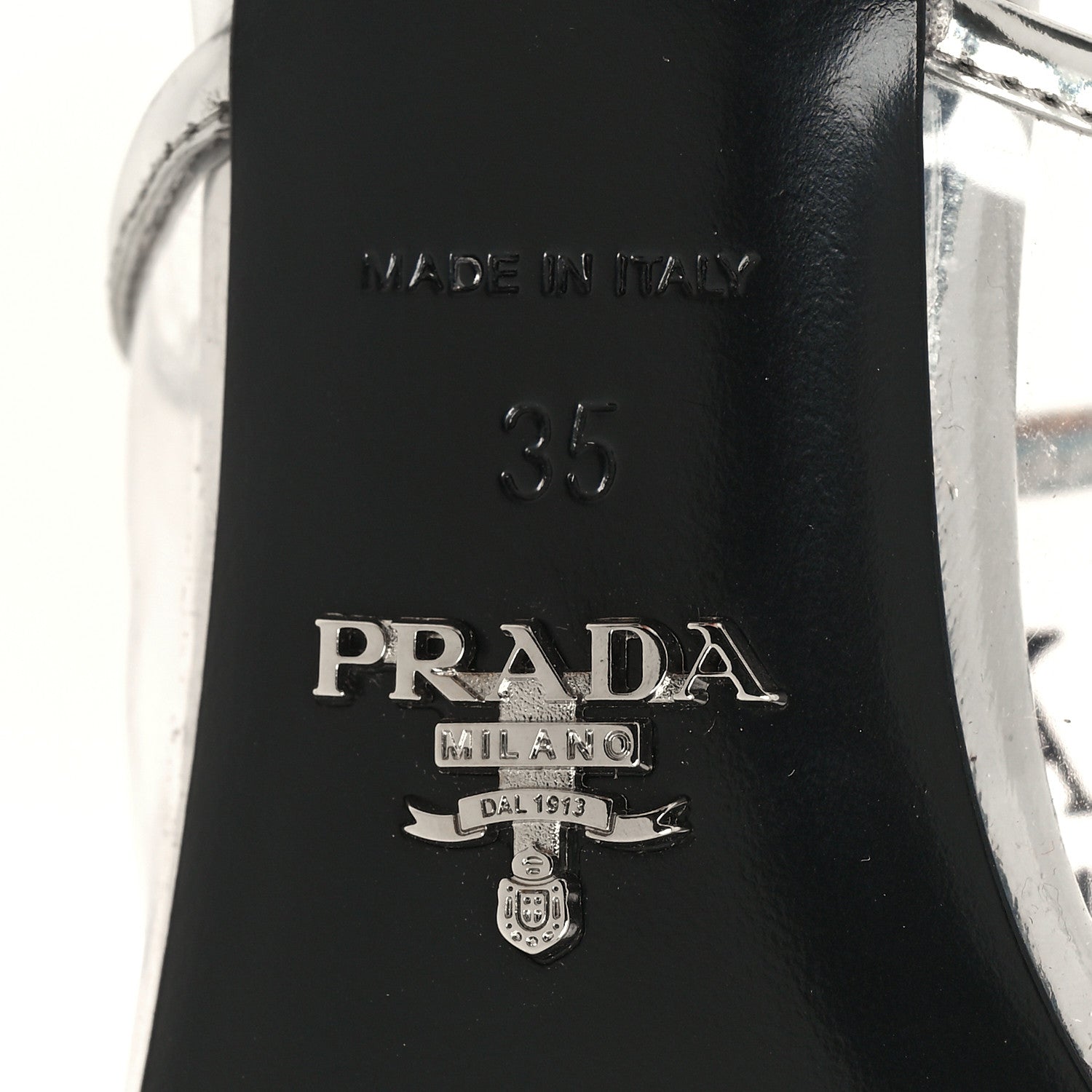 Prada Plexiglass Metallic Calfskin Metal Triangle Logo 75mm Slide Sandals 35 Argento 6 of 8