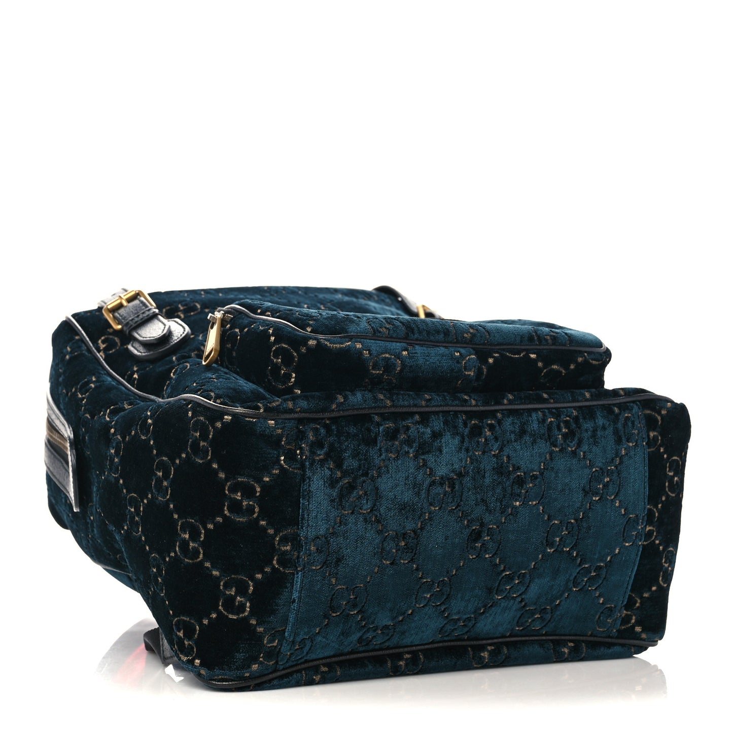 Velvet GG Monogram Textured Calfskin Web Small Double Buckle Backpack Blue Beige Black