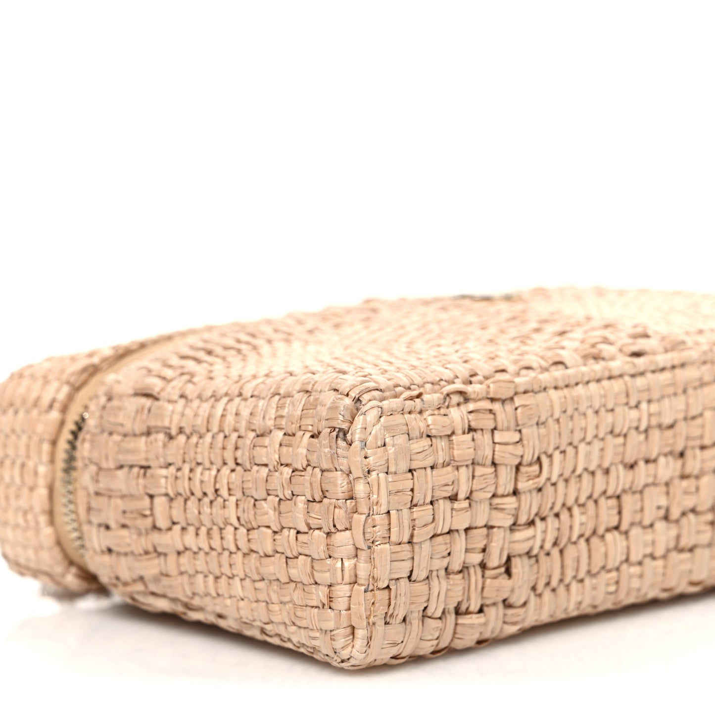 Braided Raffia Quilted Top Handle Slim Vanity Case With Chain Beige