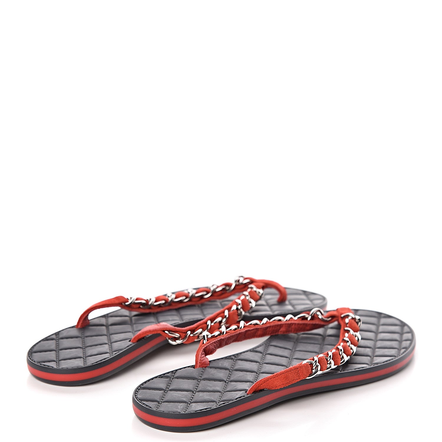 Chanel Suede Calfskin Quilted Chain Thong Sandals 36.5 Red 4 of 12