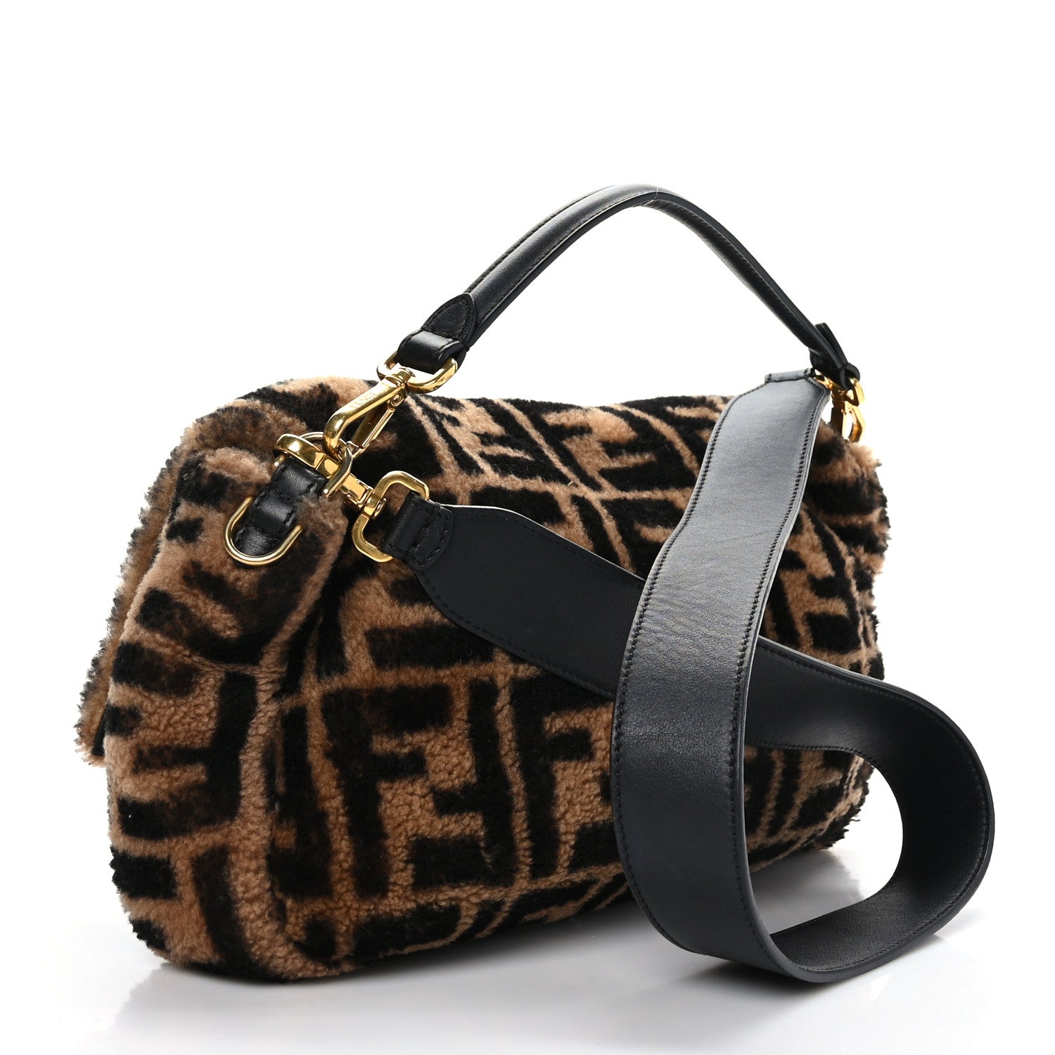 Fendi Shearling Vitello Dolce Macro FF 1974 Large Baguette Tobacco Black 2 of 8
