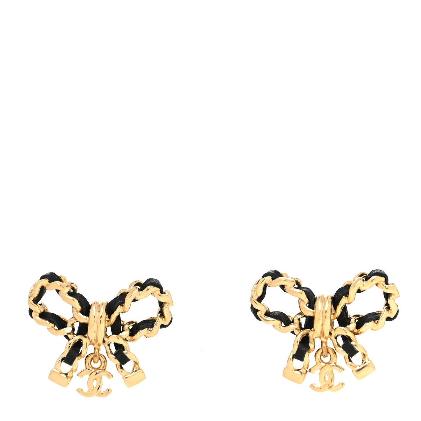 Lambskin Chain Bow Stud Earrings Black Gold