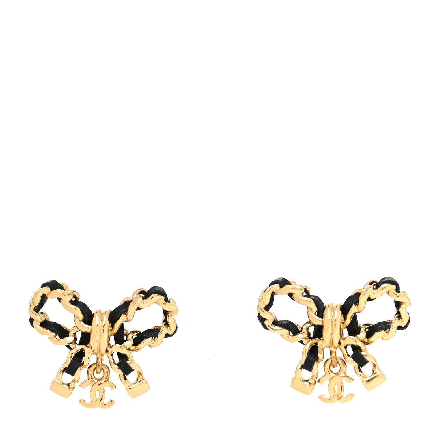 Chanel Lambskin Chain Bow Stud Earrings Black Gold 1 of 4
