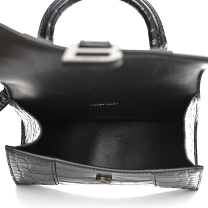 Balenciaga Shiny Calfskin Monochrome Crocodile Embossed Hourglass Top Handle Bag XS Black 5 of 12