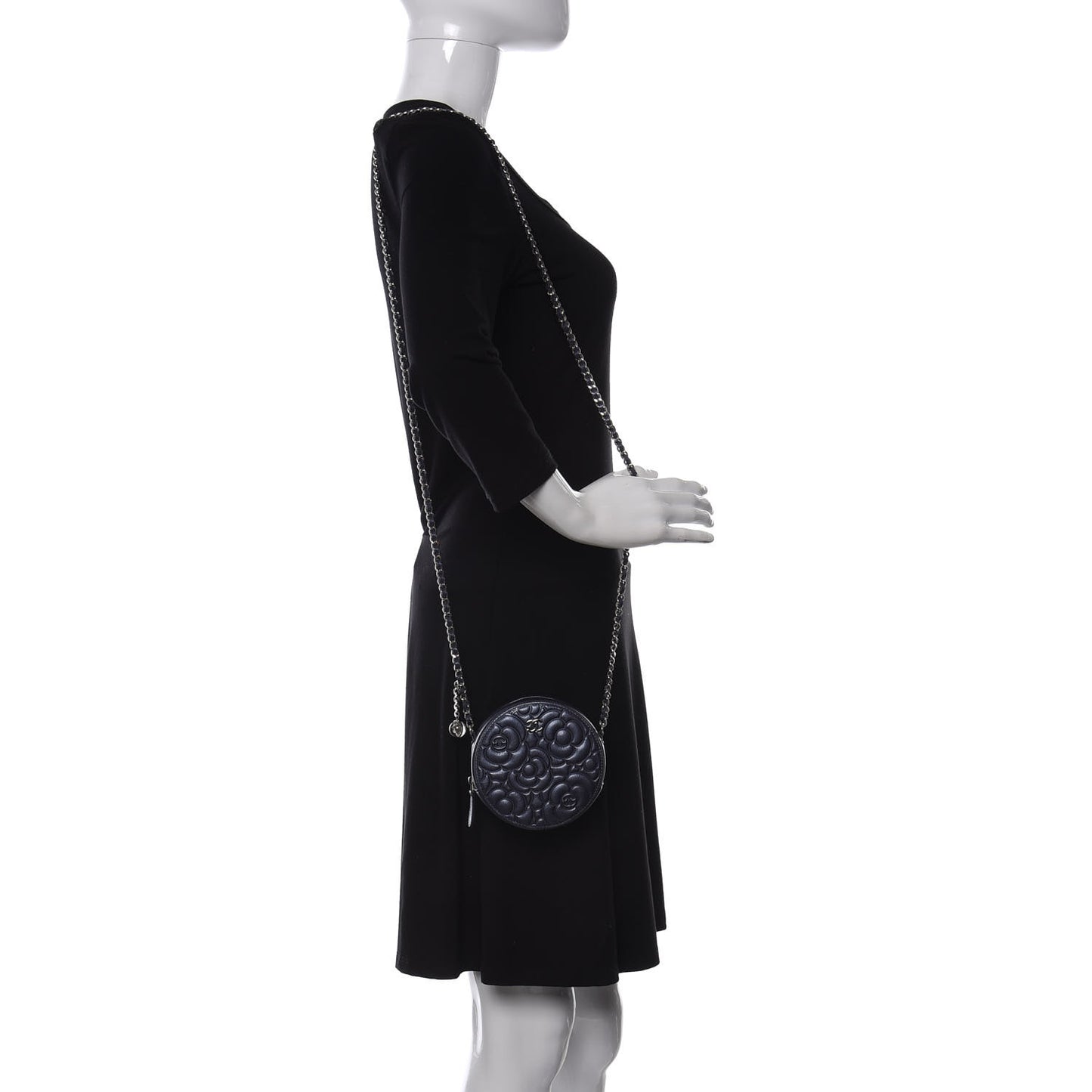 Goatskin Camellia Embossed Round Clutch With Chain Dark Blue