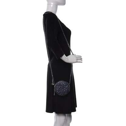 Chanel Goatskin Camellia Embossed Round Clutch With Chain Dark Blue 2 of 11